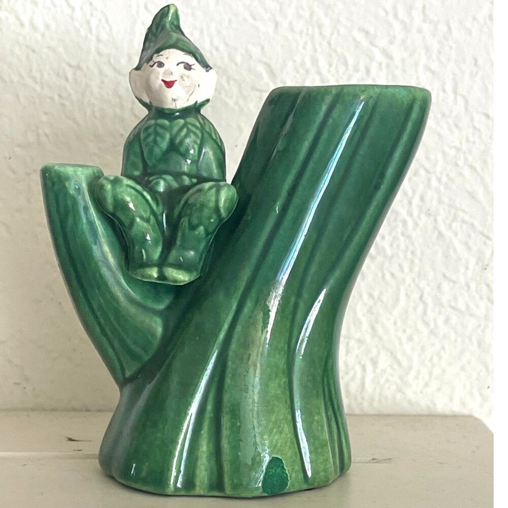Vintage 50's Elf Pixie Green Planter Treasure Craft Christmas Mid Century 1950s